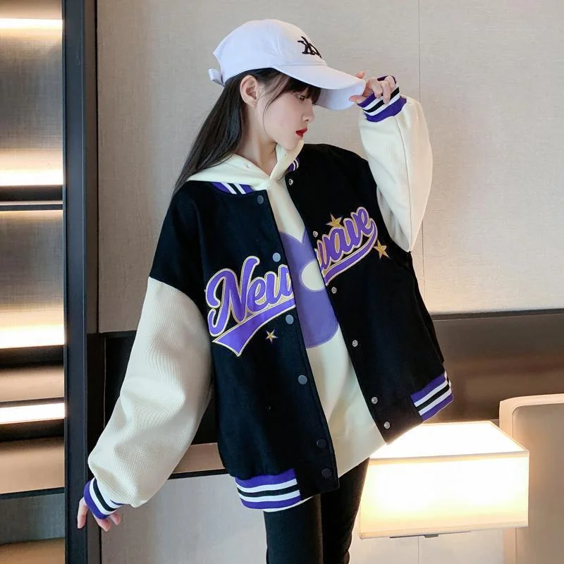 Kids Baseball Jackets Girls Outerwear Letter Pattern Long Sleeve Buttons Front Coat Spring Fall Children Clothes 4-14 Years