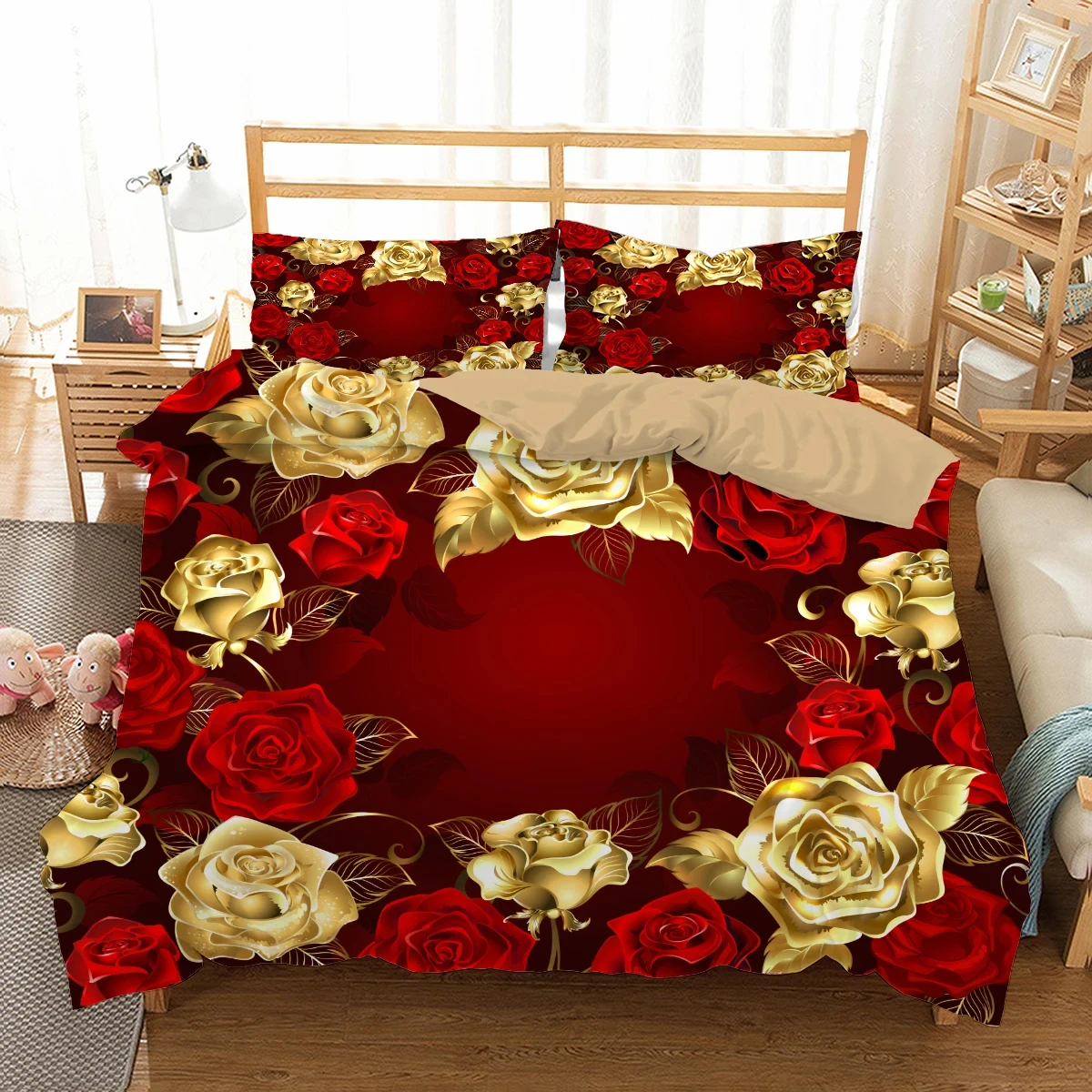 Red Rose Duvet Cover Twin King Garden Blossom Floral Bedding Set, Romantic Comforter Cover for Women Girls Valentine's Day Gift