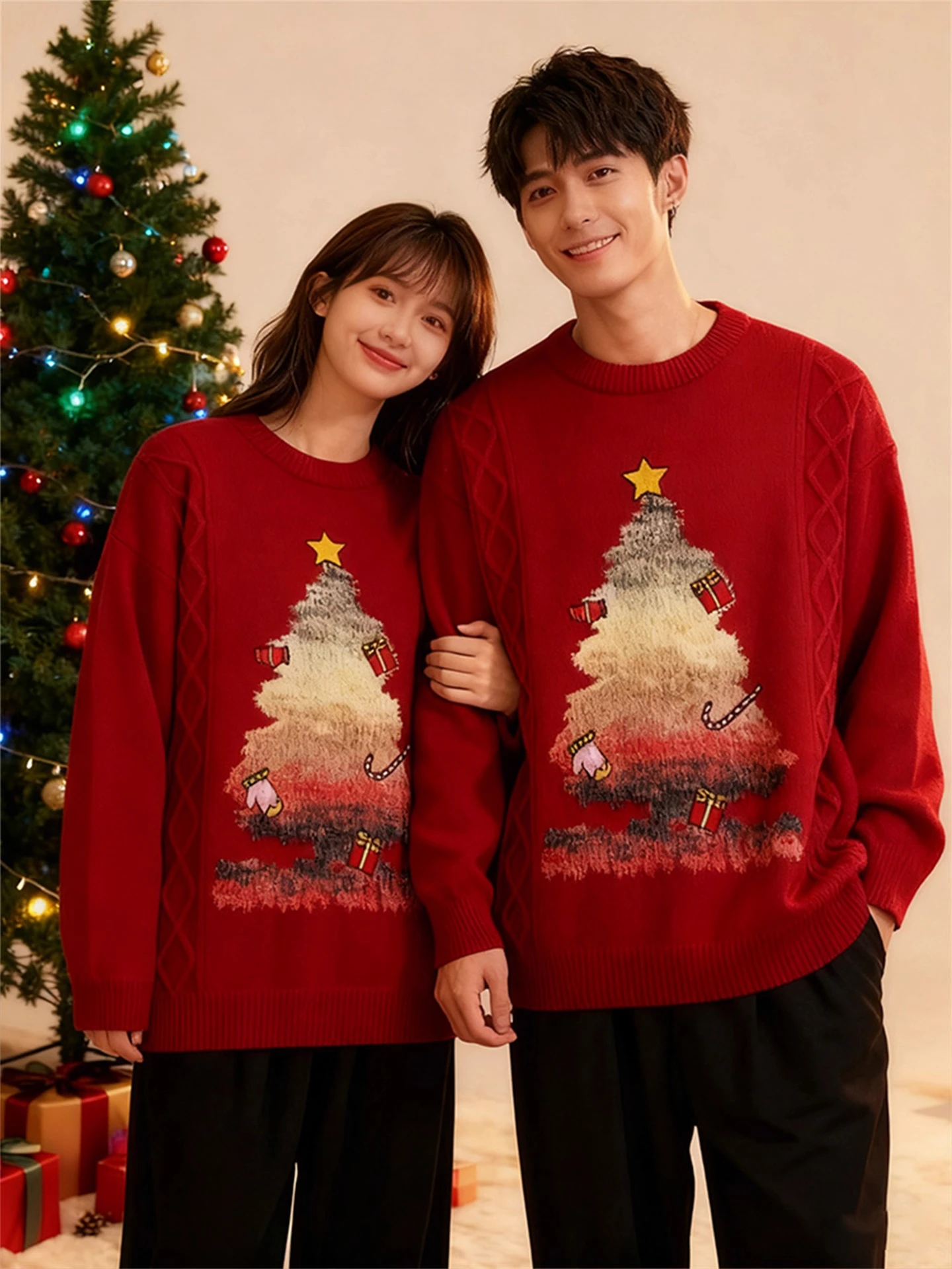 

Red round Ne Knitted Sweater Cisas Theme Couples Matching Boting Sweater Casual Sle Long Sve Knitwear for Men