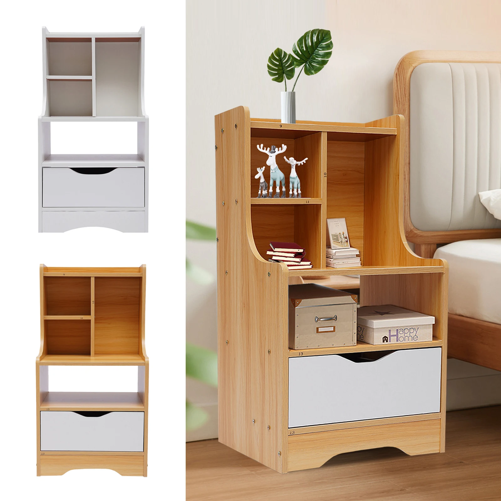 

Multi-layer Nightstand MDF Bedside Wood Sofa Side End Table & Side Tables w/ Drawer & Storage Shelf Nightstand