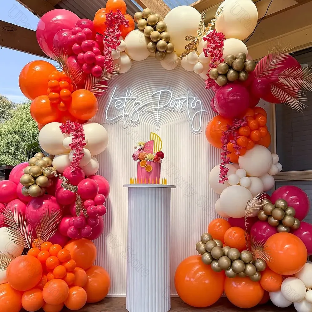 123Pcs Hot Pink Orange Balloons Garland Ivory Metal Gold Rose Pink Orange Balloon Arch for Birthday Wedding Let's Party Decor