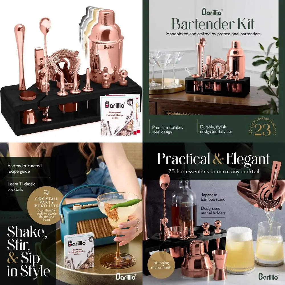 

Rose Gold Cocktail Shaker Set with Stainless Steel Construction and Bamboo Stand - Complete Mixology Bar Tools