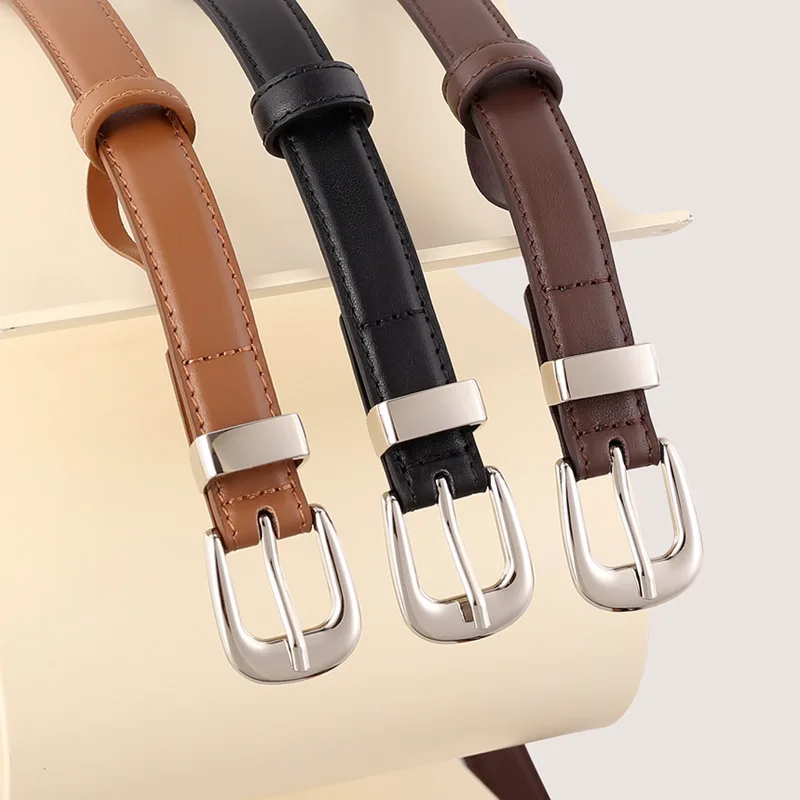 New Cowhide Women's Belt Casual Versatile Silver Buckle Belt with Waist Closure Decoration Paired with Suit Jeans Belt