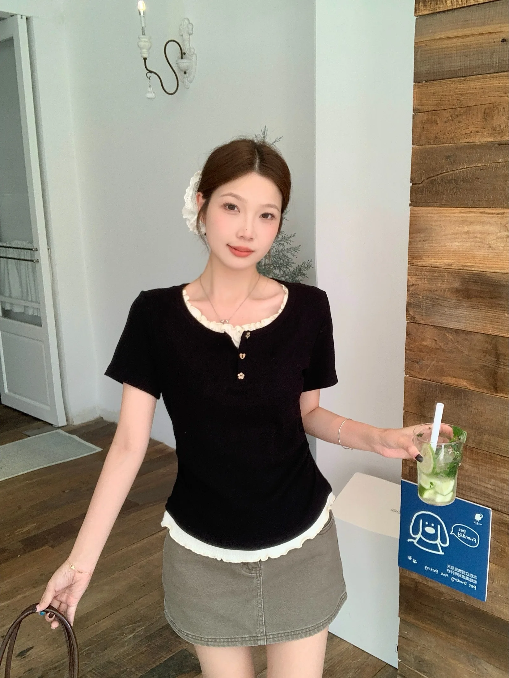 

plus Size Slim Fit Short Sleeve T-Shirt Color Block Design Summer New Style Korean Commute Fashion