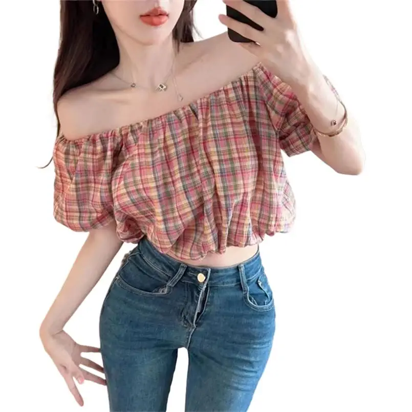 Elegant Off the Shoulder Blouse Fashion Cute Women Shirts 2024 Summer Plaid Short Sleeve Tops Female Y2K Clothing S-5XL camisas