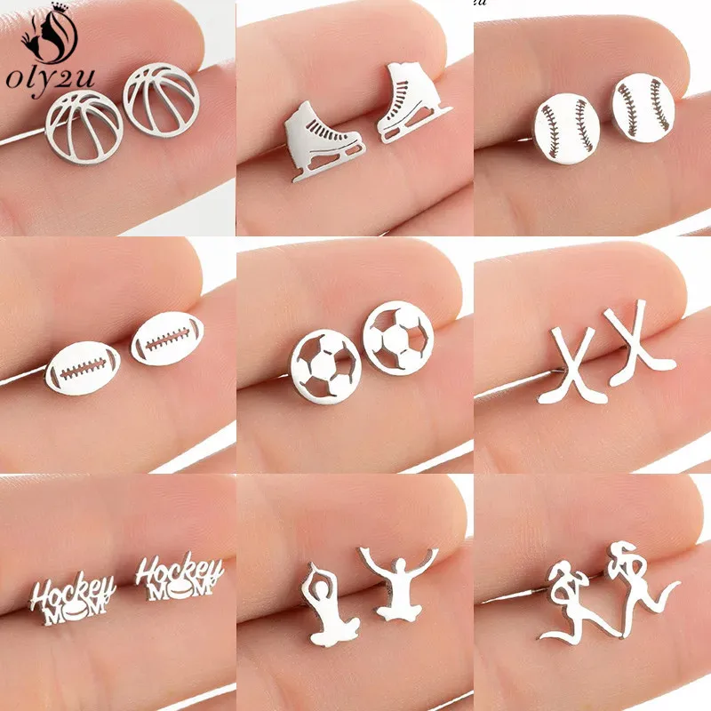 Classic Baseball Earings Fashion Jewelry Tiny Stainless Steel Volleyball Football Hockey Sports Studs Earrings for Women Men