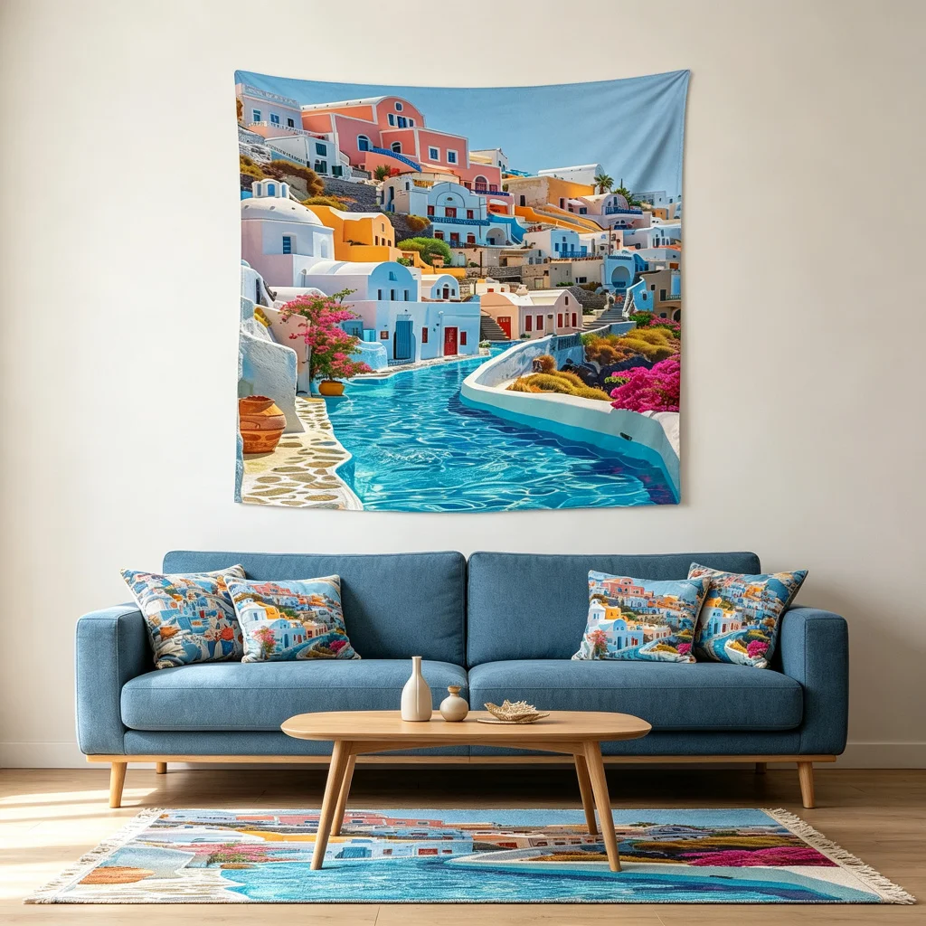 1PC Santorini Building Art Print Backdrop Banner, Bedroom Living Room Photo Background, Polyester, Home Decor, Wall Art