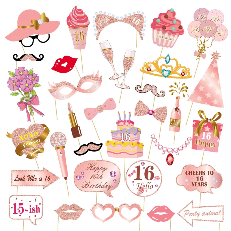 1 Juego de Accesorios para Fotomatón Color Rosa, Tamaños 13, 16, 18, 30, 40, 50, 60, Decoración para Fiestas de Cumpleaños de Adultos, Accesorios para Fotos de Cumpleaños, Artículos para Fiestas de Cumpleaños