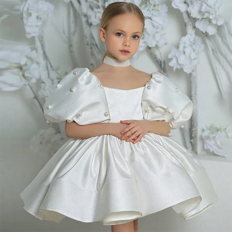 

Elegant Girls Satin Puff Sleeves Beaded Bow Princess Dress For Children Wedding Party Birthday Pageant First Communion Prom Gown