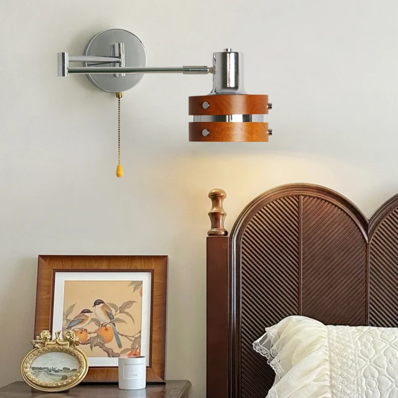 Pull wire telescopic retro bedroom bedside lamp medieval solid wood wabi-sabi wind  room reading wall