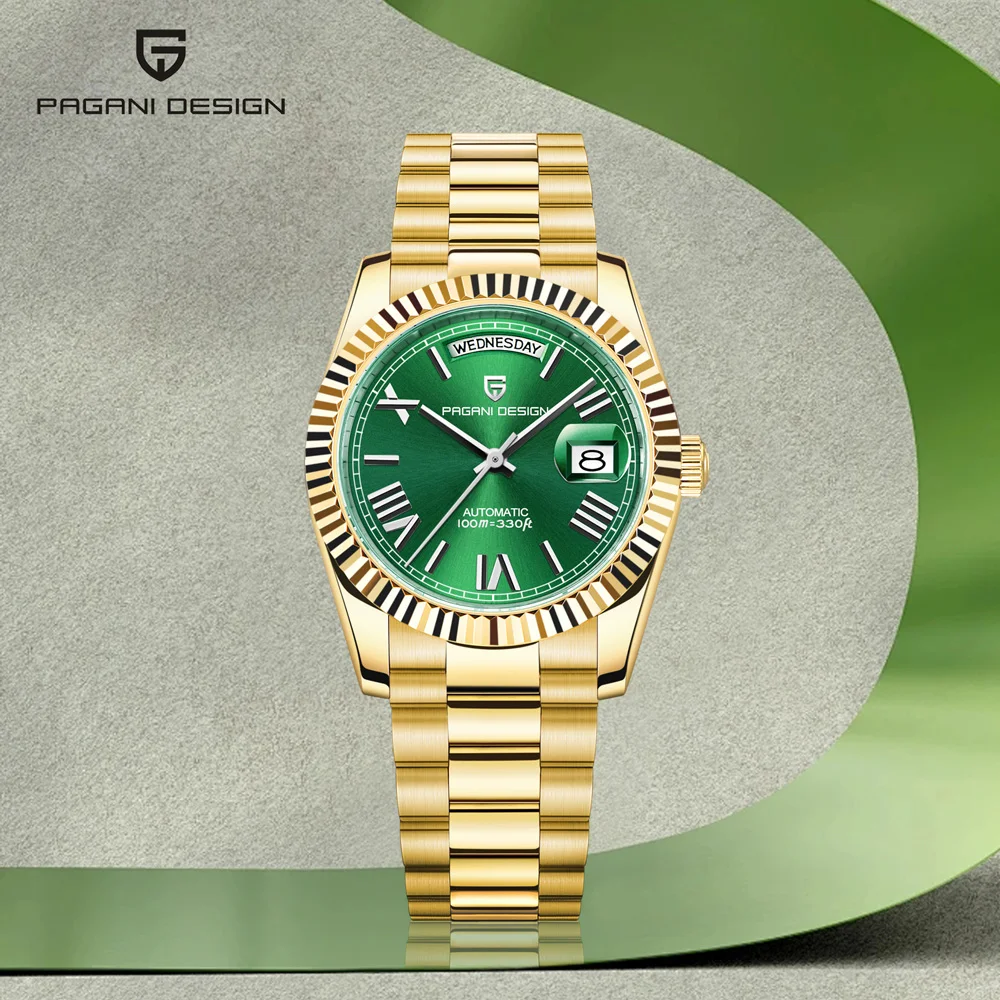 PAGANI DESIGN 2025 Luxury Gold-Green DD36 Mechanical Watch For Men AR Sapphire Mirror Stainless Steel Automatic Date Men's Watch