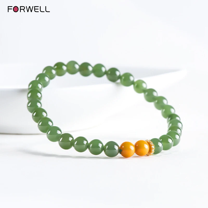 

FORWELL Natural Hotan Jade Jasper Elastic Bracelet Charm Luxury Exquisite Jewelry Couple Beaded Bracelet Festival Gift for Women