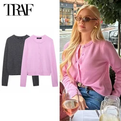 TRAF Women's Sweater Knitted Cardigans Elegant Pink Grey Knitwear 2024 Autumn Long Sleeve Outerwear Ladies Fashion Casual Coats