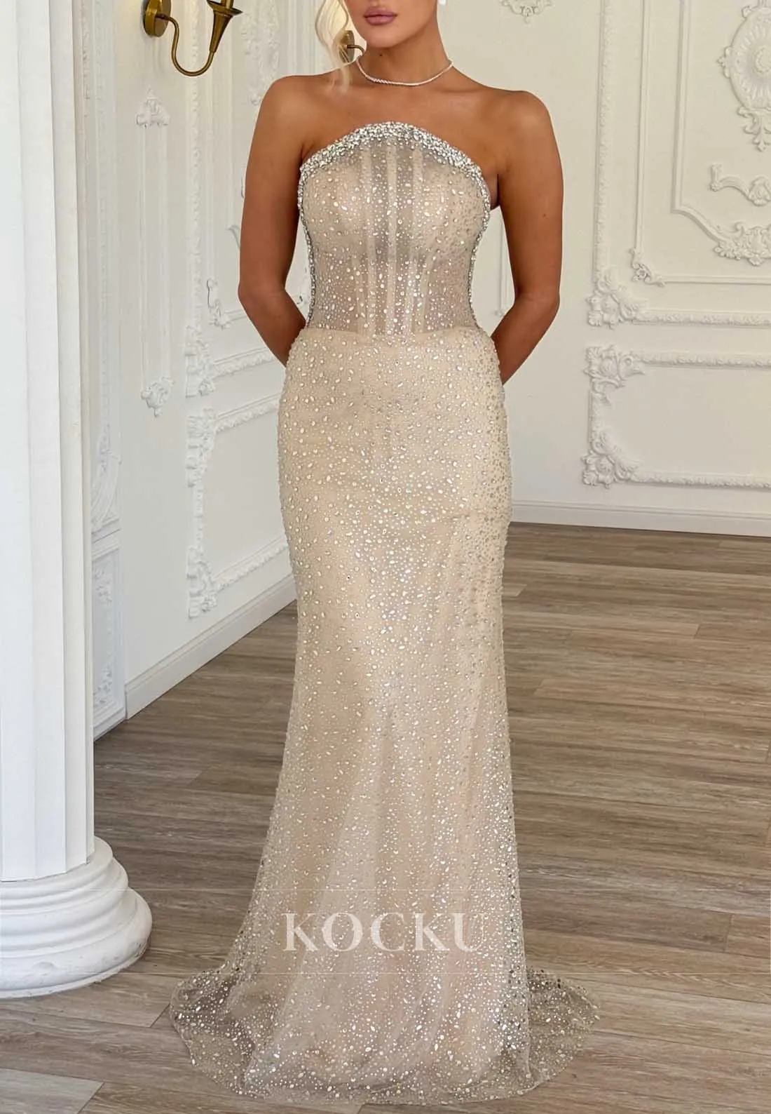 Вечерние платья «Русалка» цвета шампань с волнистым краем, полностью прозрачные, с обильной отделкой стразами, длиной до пола, блестящие, для выпускного вечера и торжественных мероприятий.