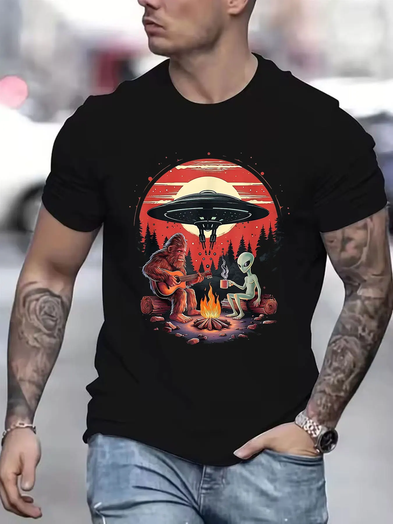 

Men's; Alien Campfire T-Shirt - 100% Cotton Retro Cryptid Tee with Sasquatch UFO Print. Loose Fit Short Sleeve Shirt for Outdoor