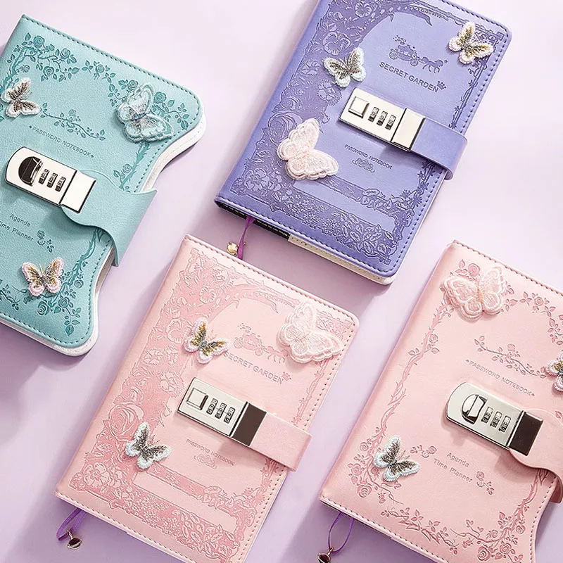 Literary Girl Heart Butterfly Password Lock Notebook Girls Secret Diary with Pendant PU Exquisite Student Notepad Office Book