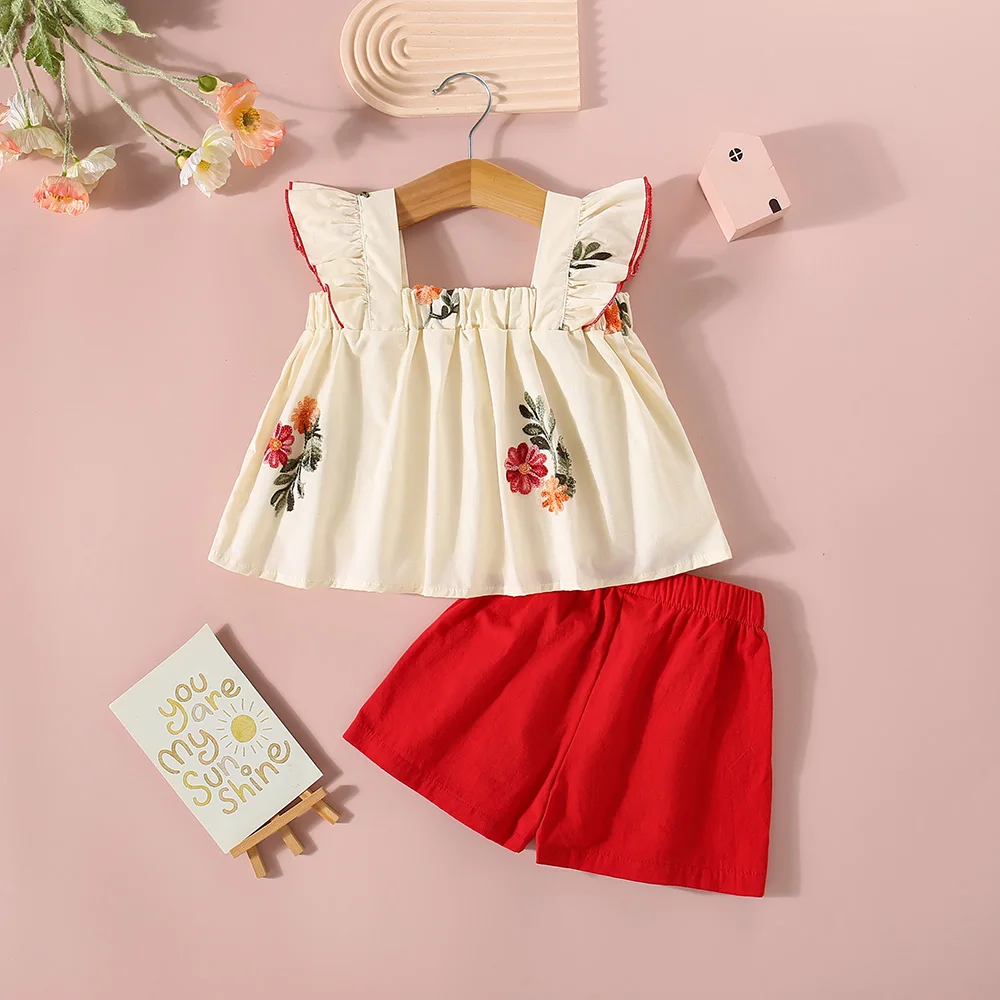 (0-3 Years Old) Girl Baby Set Summer Cotton Floral Small Flying Sleeve Top And Shorts Set Beach Two-Piece Set For Kids Girl