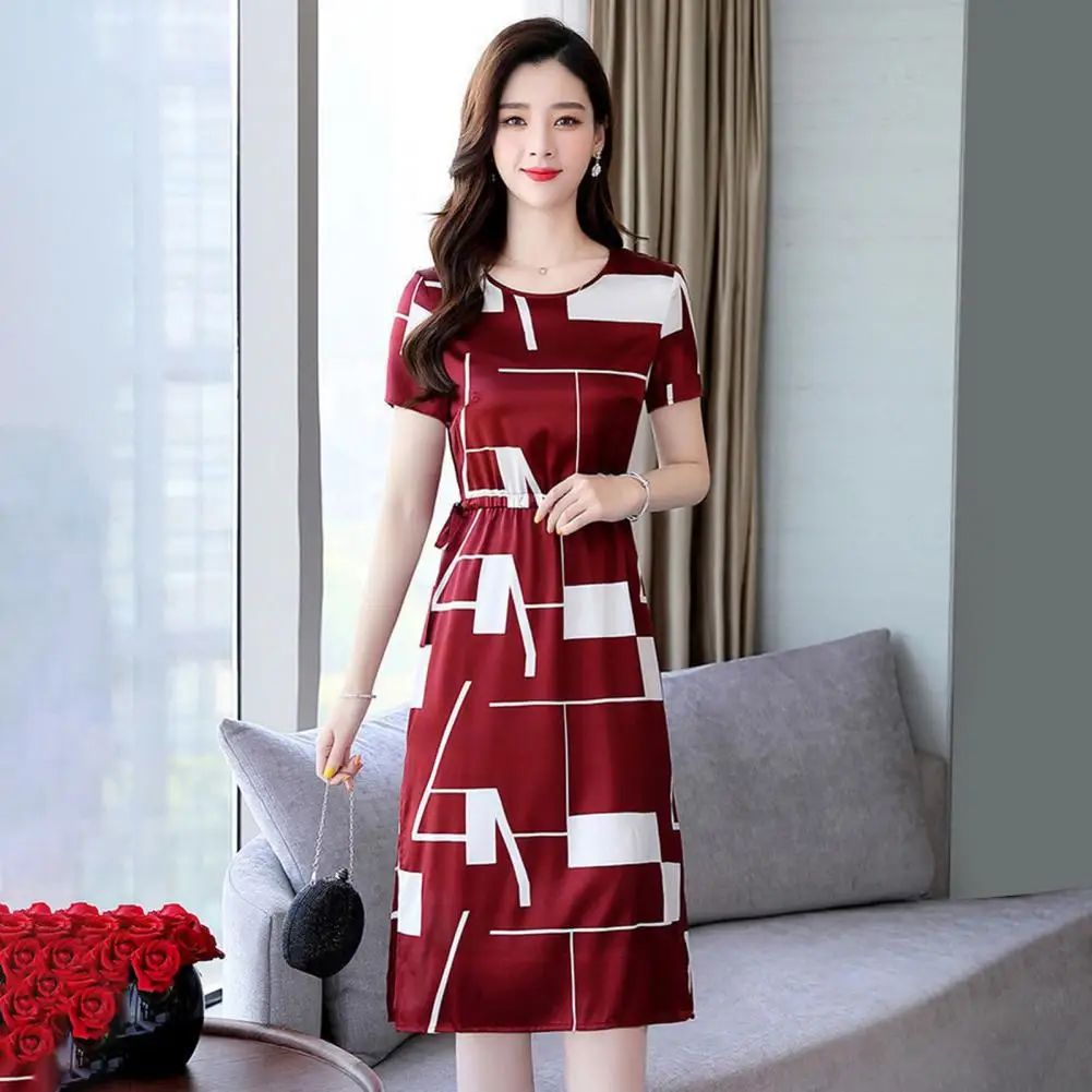 

Loose Fit Dress Elegant Colorblock Print Business Dress for Women Slim Fit Knee Length Midi Dress with Short Sleeves O Neck