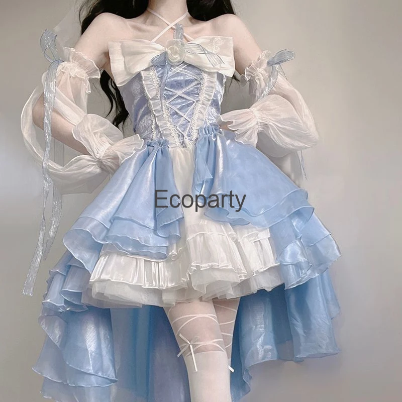 Women French Romantic Lolita Op Elegant Princess Cosplay Costume Fantastic Puff Sleeve Ribbon Flower Tunic Mesh Fairy Dresses