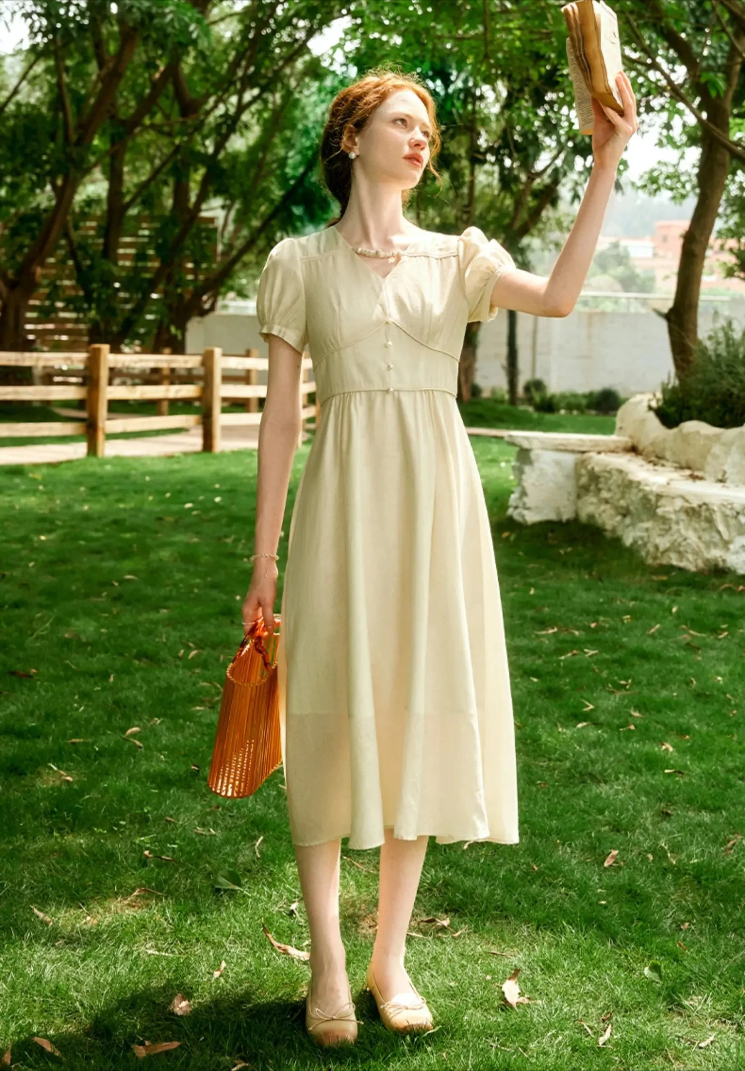 

OLrain French Styel V Neck Womens Dresses 2025 Summer Commute Hollow Puff Sleeve Jacquard Female Long Dress Luxury O24XL91039