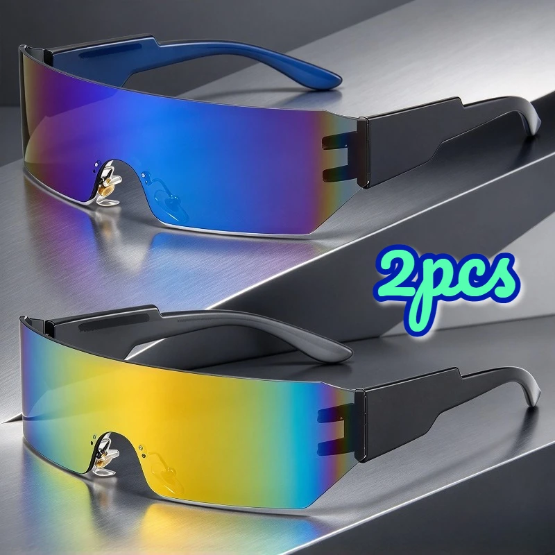 2Pcs Unisex Fashion Punk One-Piece Mirrored Y2K Cycling Sun Glasses Outdoor Streetwear Goggles