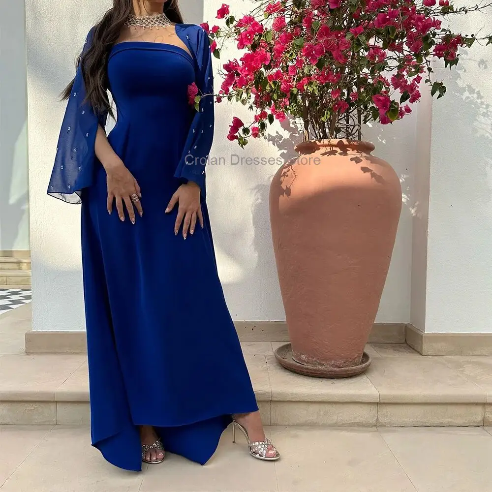 Royal Blue Sheath Evening Dress Elegant Jersey Long Sleeves  with Crystal Formal Occasion Gowns Floor Length Party Prom Dresses