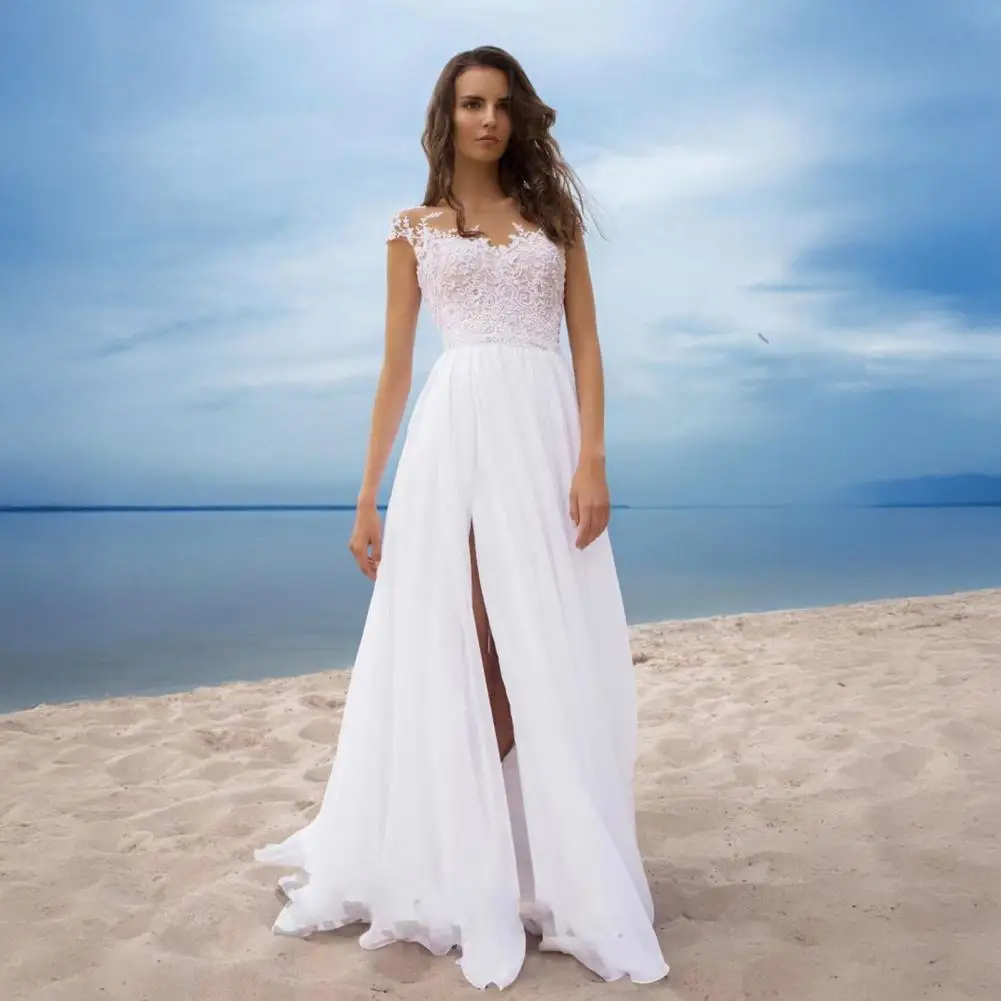 2025 Women White Bridesmaid Dress A-Line Boho Wedding Dresses Long Chiffon Slit Bridesmaid Dress Lace V-Neck Evening Gown
