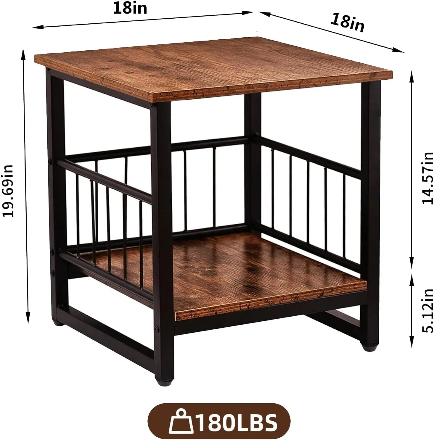 End Table, Industrial Side Table with 2-Tire Storage Shelf, 180LBS Mini Fridge Stand with Adjustable Feet