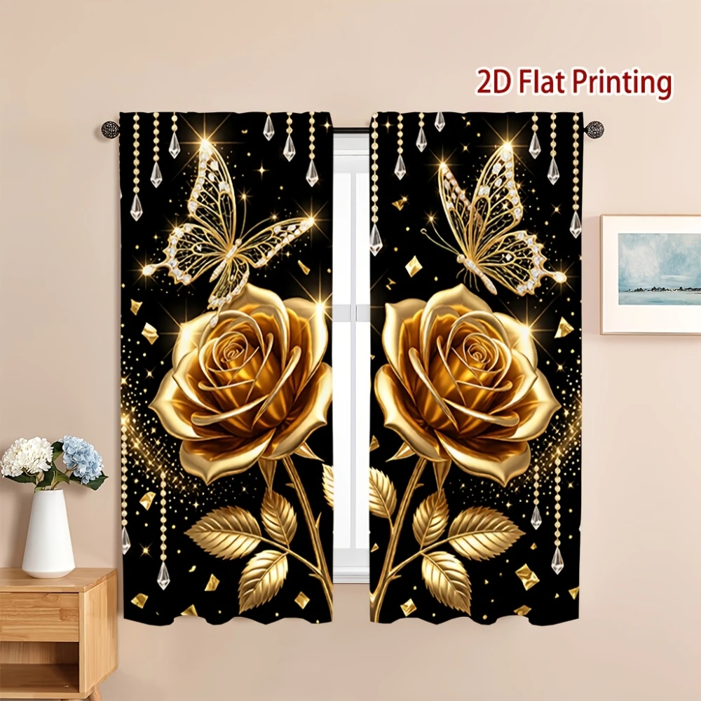 2PCS Rose Butterfly Black Gold Print Curtains, Rod Pocket, Polyester, Home Decor, Window Drapes, Bedroom Living Room, Kitchen