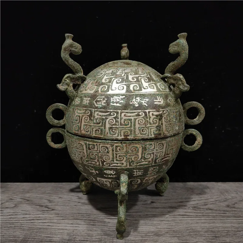 Bronze Ware Ancient Ancient Bronze Ware Tableware Wrong Silver Spring and Autumn Dragon Pattern Dun Antique Collection
