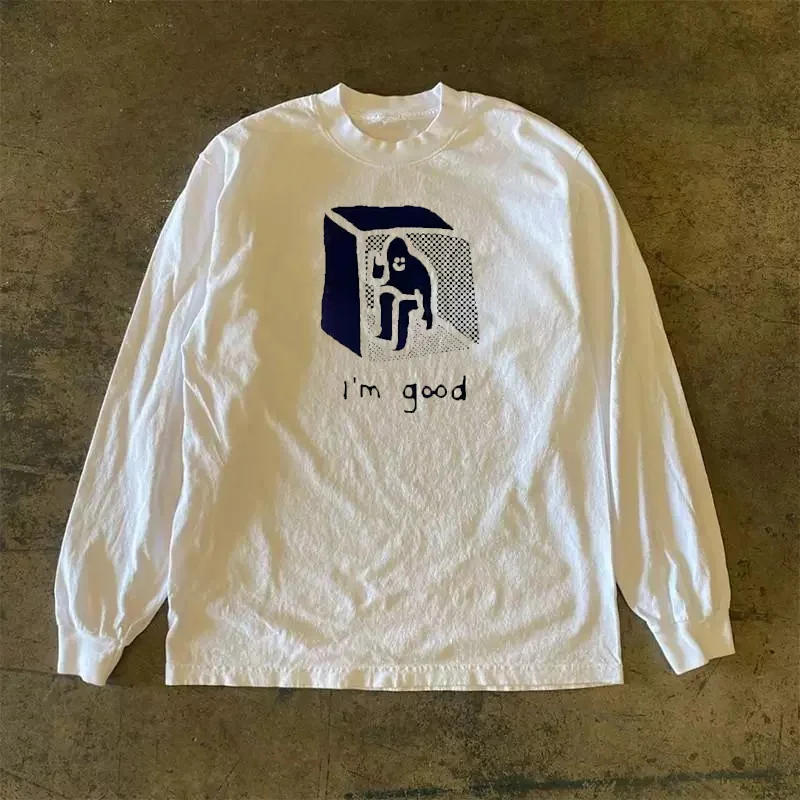 Heavyweight 300g Pure Cotton Long Sleeve T-Shirt Street Style American Retro Oversize Lettering Casual Comfortable Top
