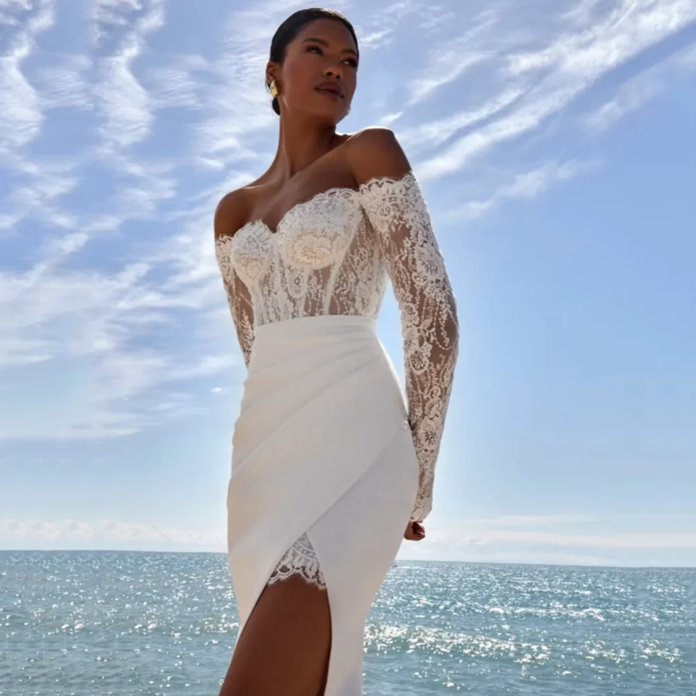 カスタマイズされたボヘミアンレースのウェディングドレス、マーメイドオフショルダー、スプリット、花嫁用ローブ、スイートハート、ブライダルガウン、ベスティドス・デ・ノイバ