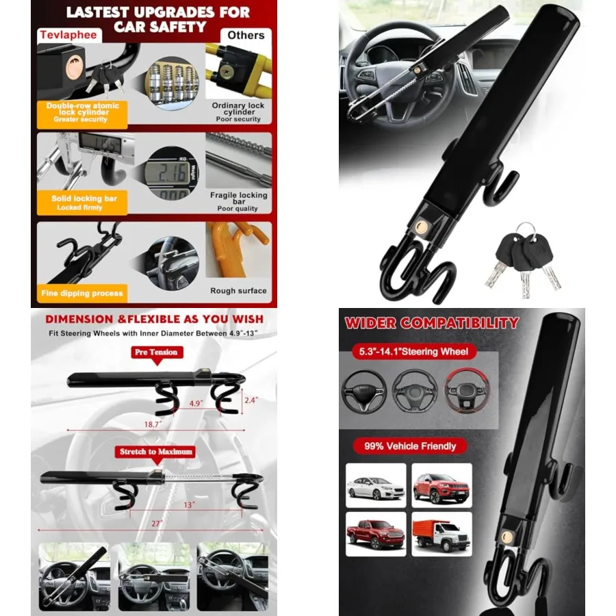 

Steering Wheel Lock Anti-Theft Car Device Heavy Duty Security Car Lock Antitheft Locking Devices Great Deterrent Adjustable Car Wheel Lock Anti Theft for Vehicle Truck with 3 Keys(Black)