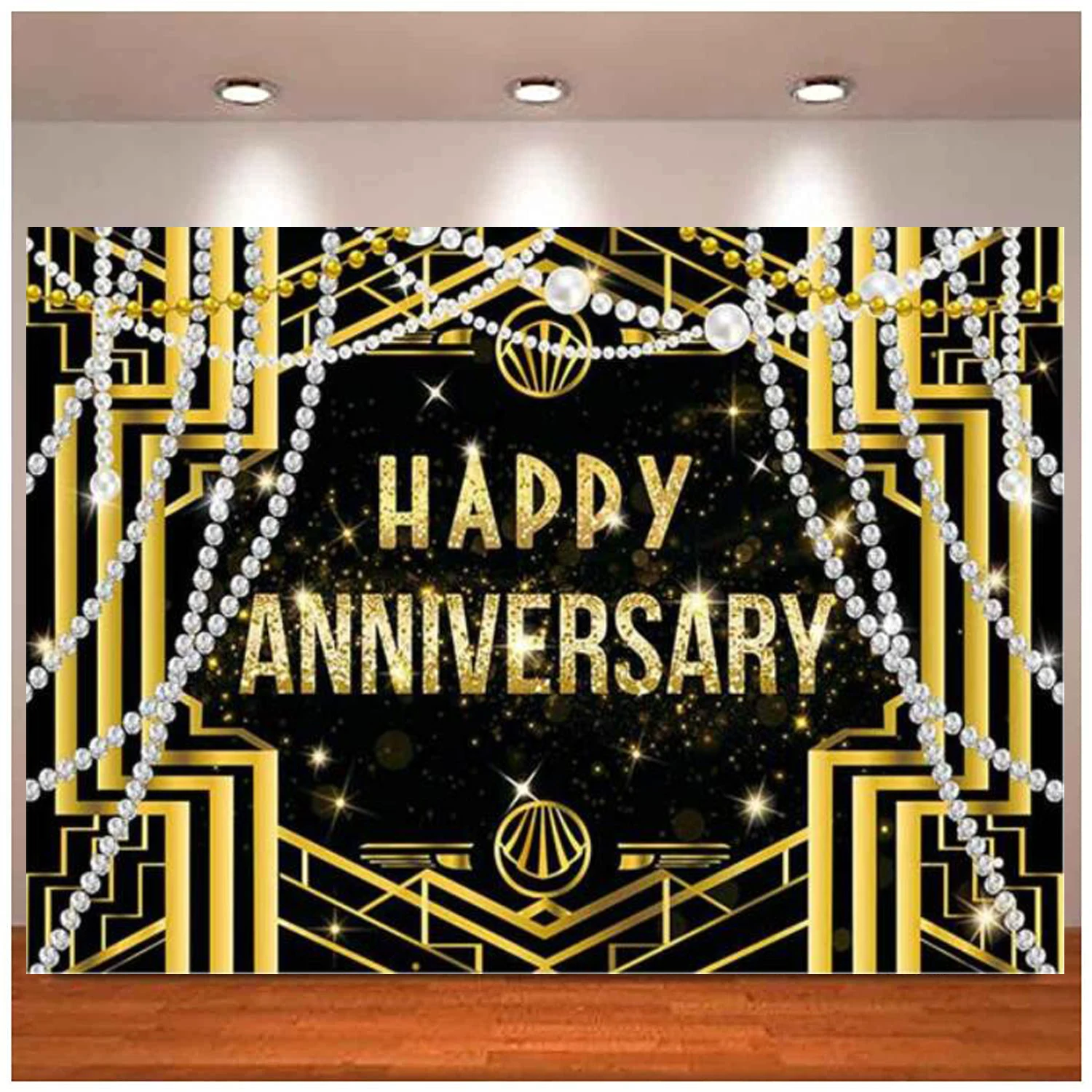 

Gatsby Happy Anniversary Backdrop Wedding Birthday Couple 1920s Prom Party Banner Supplies Black Gold Diamond Pearl Background