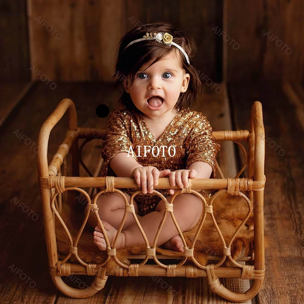 Newborn Girls Clothes Photography Outfit Bodysuits One Year Old Infant Jumpsuit Sequin Dress Baby Costume Shoot Prop Accessories