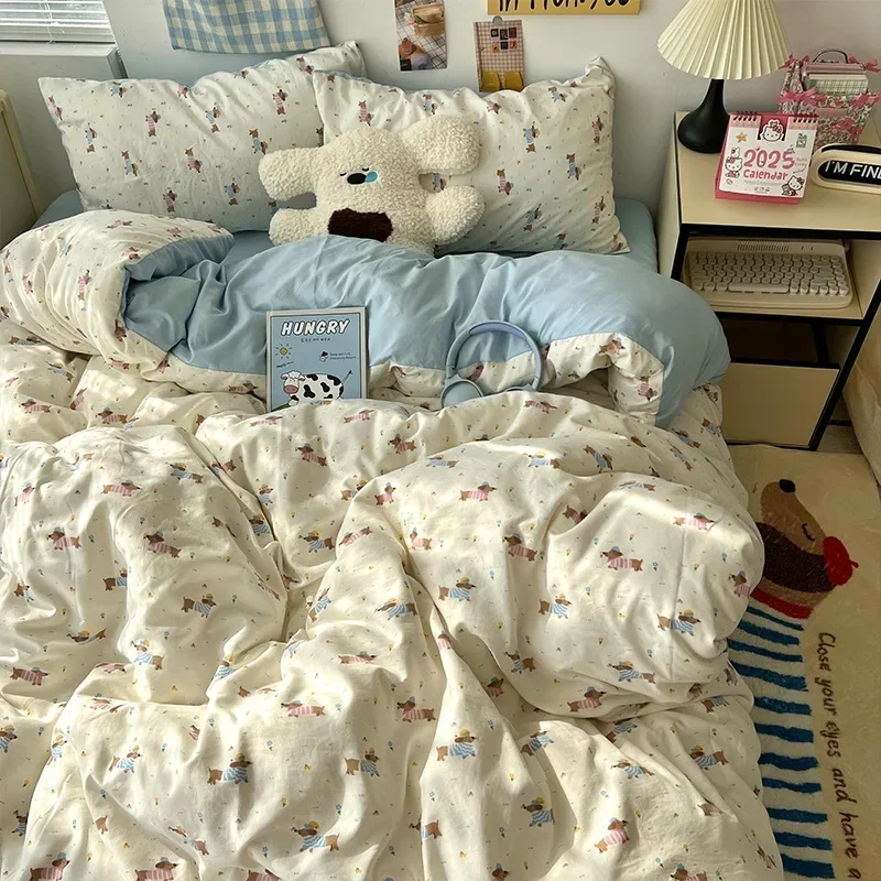 

Cute Cartoon Washed Cotton 4Pcs Bedding Sets Comfortable Fitted Sheet Set for Spring Soft Skin-Friendly Student Duvet Cover