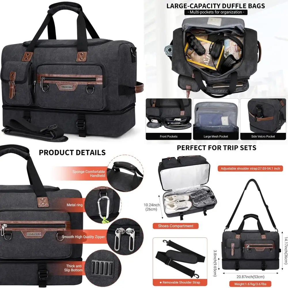 

Men's Canvas Weekender Bag - Overnight Travel Carry-On Duffle with Shoe Compartment, Black