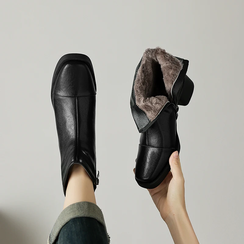 2026 new winter women ankle boots natural leather plus size 22-26cm cowhide+wool round toe thick heel side zip short boots