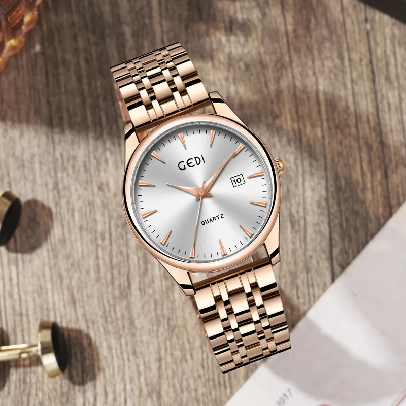 Gedi Couple's Classic Steel Belt Watch Simple Advanced Calendar Waterproof Quartz Watch New Good-looking Watch