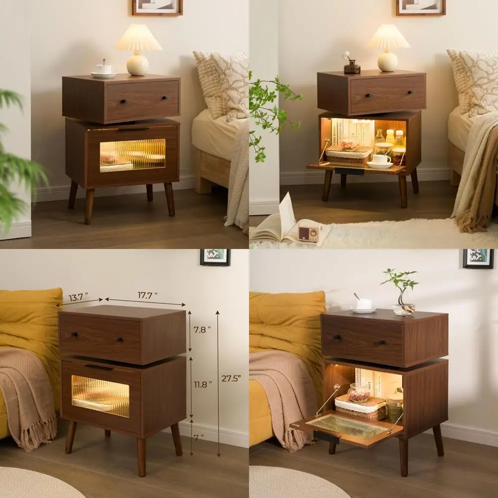 

Modern LED Nightstands with 360° Rotating Drawers, Glass Door Storage, Mid-Century Bedside Tables for Stylish Home Decor