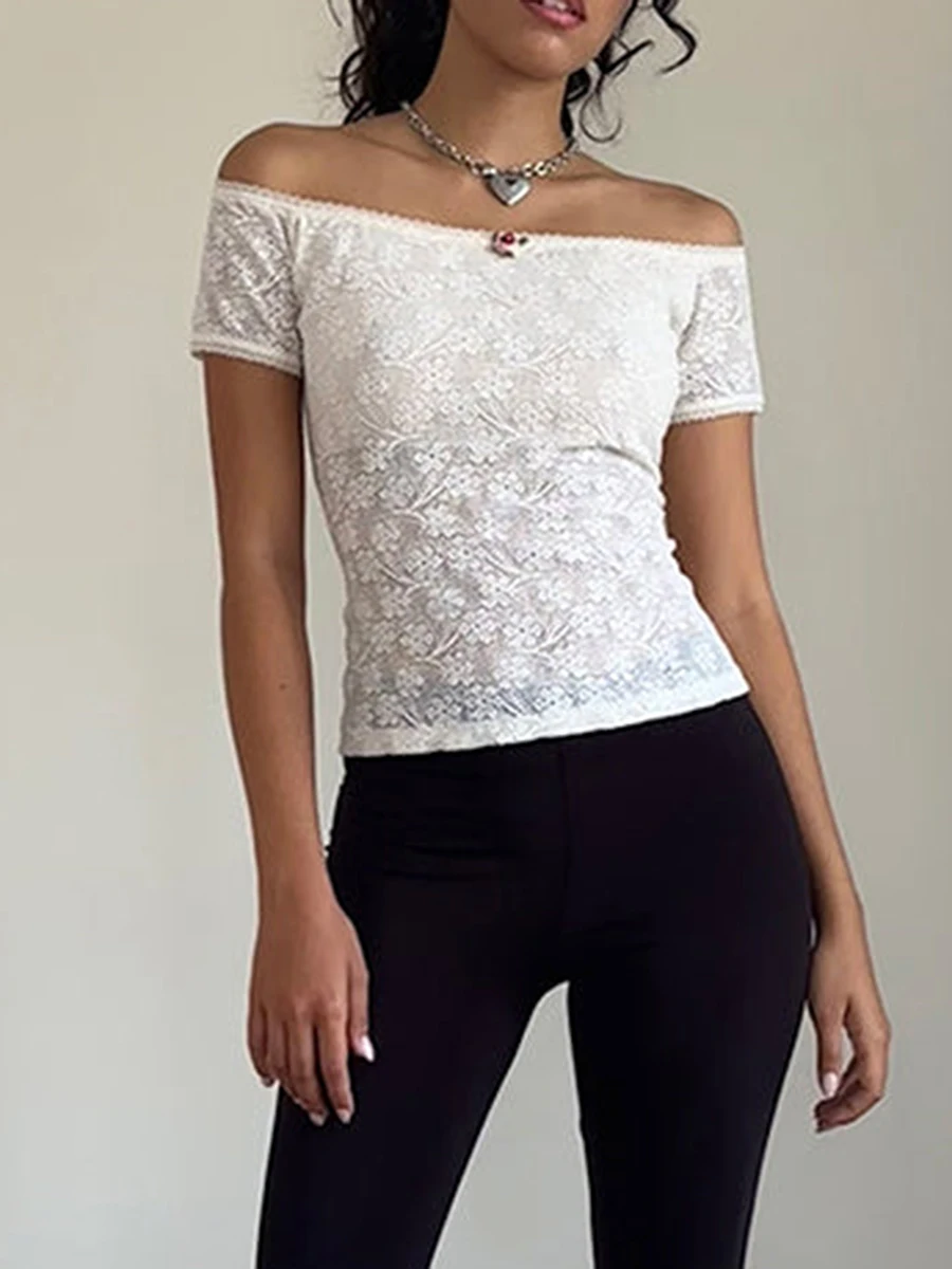 Blusa elegante de encaje para mujer, Top de manga corta con cuello barco y hombros descubiertos, camisa informal de verano, ropa de calle a la moda