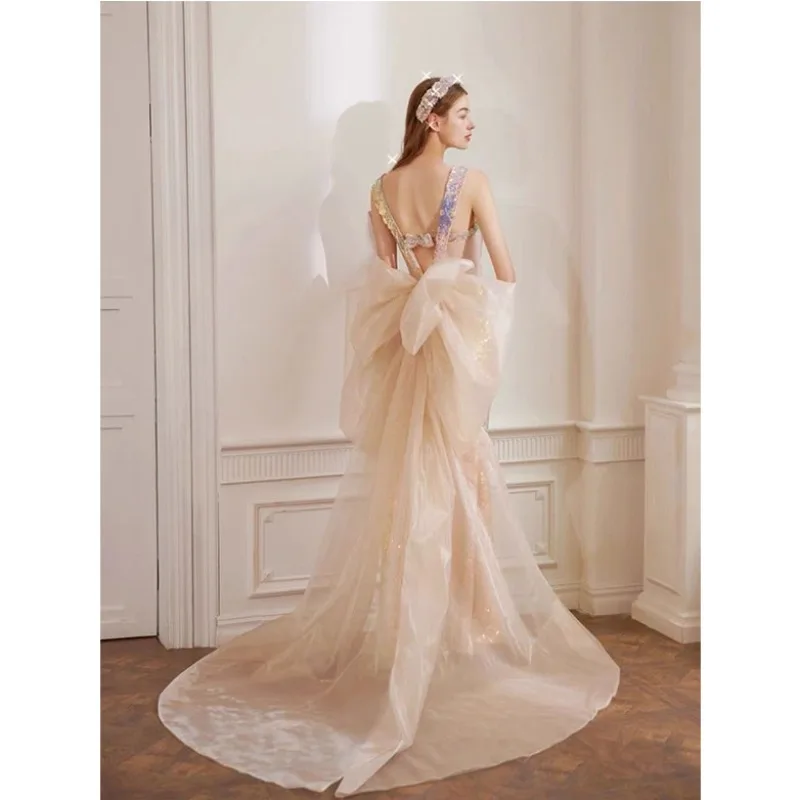 Women Shiny Evening Party Prom Gowns Detachable Bow Back Mermaid Prom Dress Glitter Sequin Sparkle Sweetheart Wedding Dresses