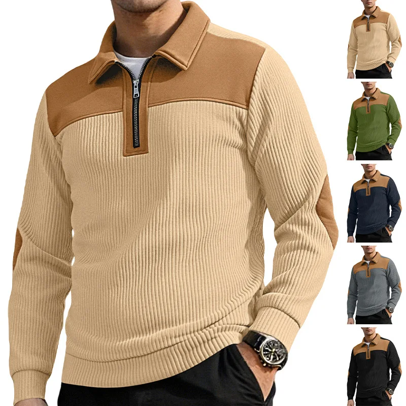 Men's-1/4-Zip-Polo-Collar-Sweatshirt-Color-Block-Patchwork-Ribbed-Knit-Long-Sleeve-Pullover-Casual-Autumn-Winter-Warm-Sweater