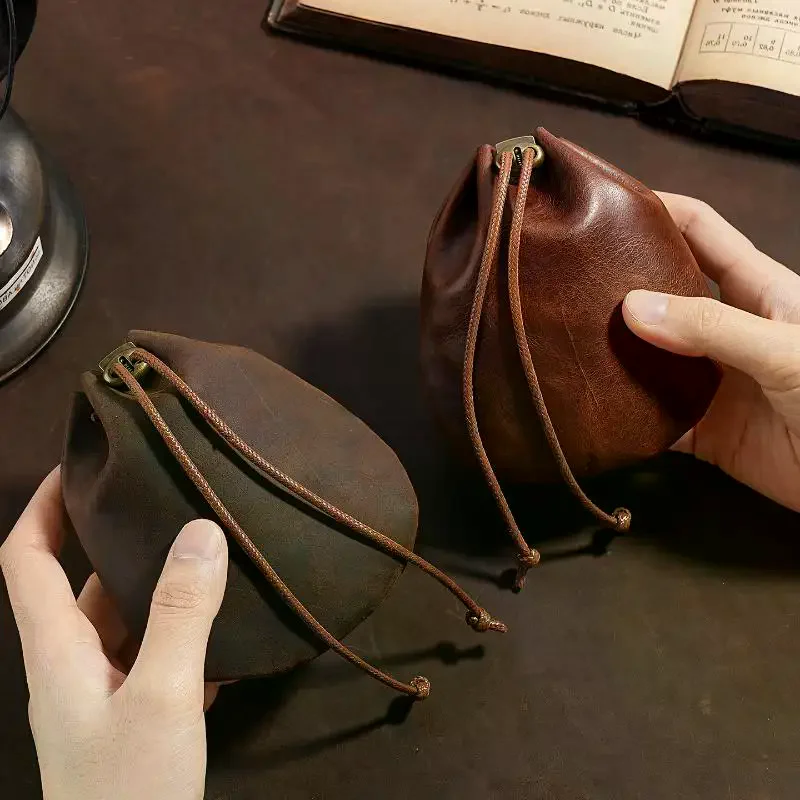 Genuine Oil Wax Crazy Horse Leather Drawstring Pouch Vintage Scratch Resistant Small Coin Holder for Commute Travel