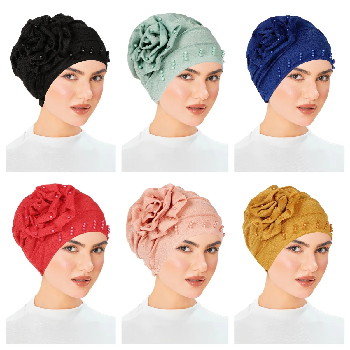 Women Muslim Flower Turban Inner Hijab Hat Chemo Cap Beads Beanies Bonnet Hair Loss Headscarf Bandanas Headband Turbante Mujer