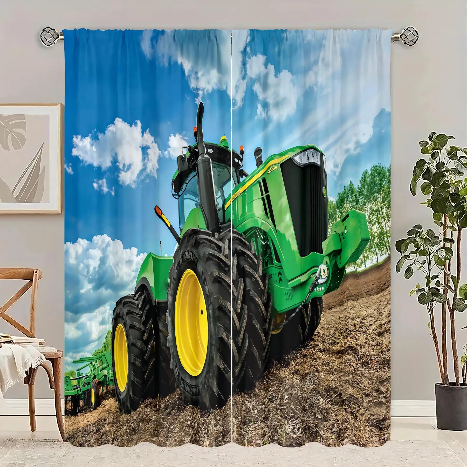 2 pieces - cartoon dozer - printed curtain - Polyester material - suitable for bedroom living room study room privacy curtain