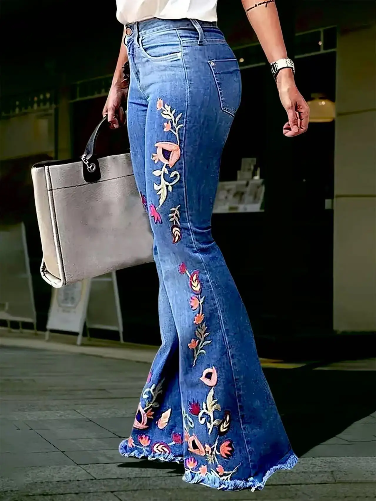 Women's High-Waisted Embroidered Bell-Bottom Jeans with Floral Patterns, Frayed Hem, Stone Washed Blue, Fitted Denim Long Pants