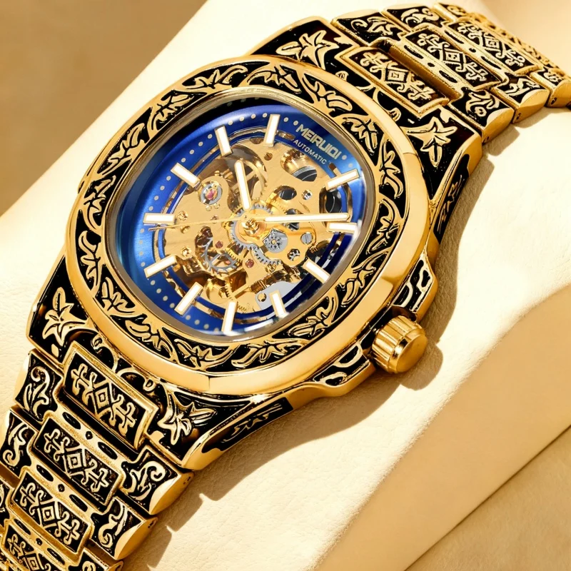 A men's yellow blue business style retro fully automatic tourbillon patterned mechanical watch
