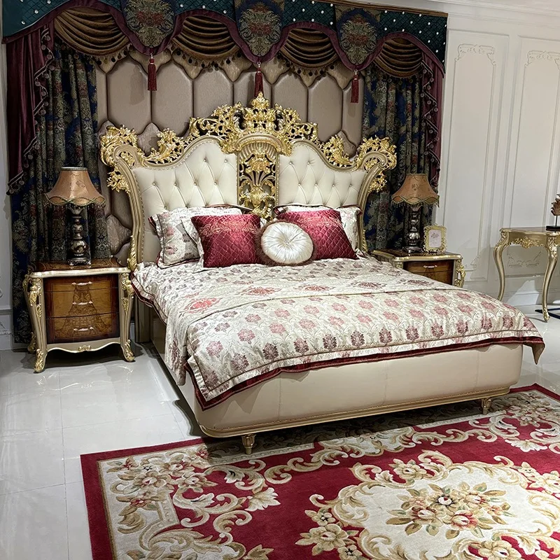 French bed set, European leather bed, palace villa bedroom solid wood champagne princess bed master bedroom double bed