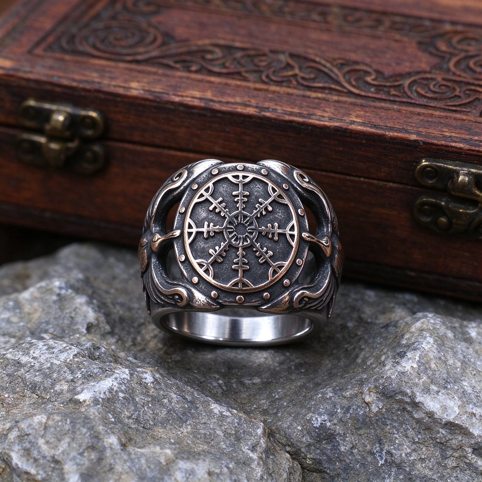 Vintage Oxidized Stainless Steel Helm of Awe Vegvisir Raven Ring  Nordic Viking Odin Crow Symbol  Punk Rock Biker Band Ring